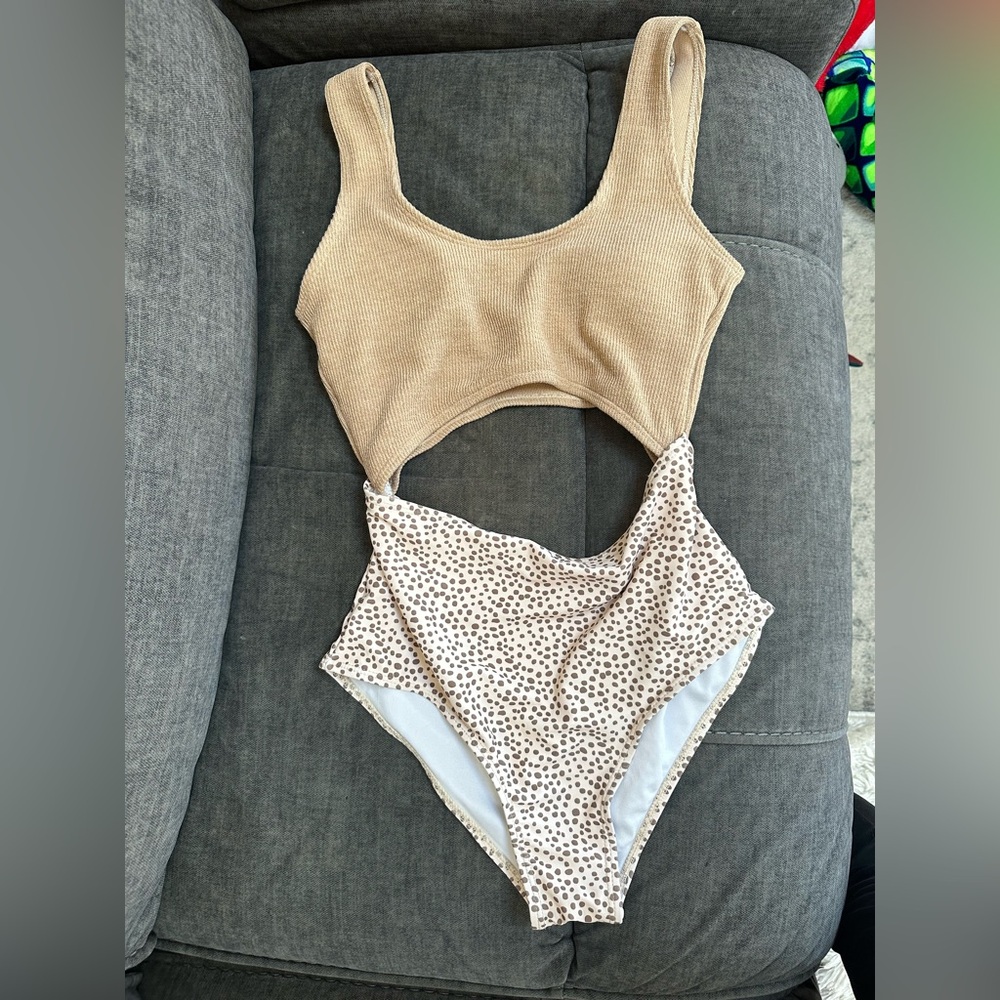Tan and White Polka Dot Swimsuit